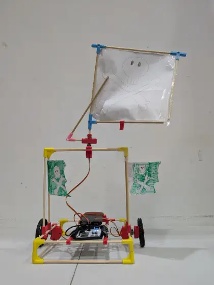 A sail cart beside green paper flags