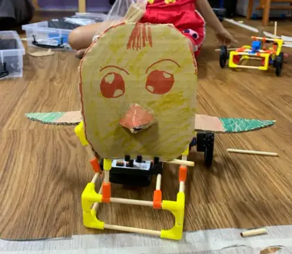 A bird with a painted cardboard face