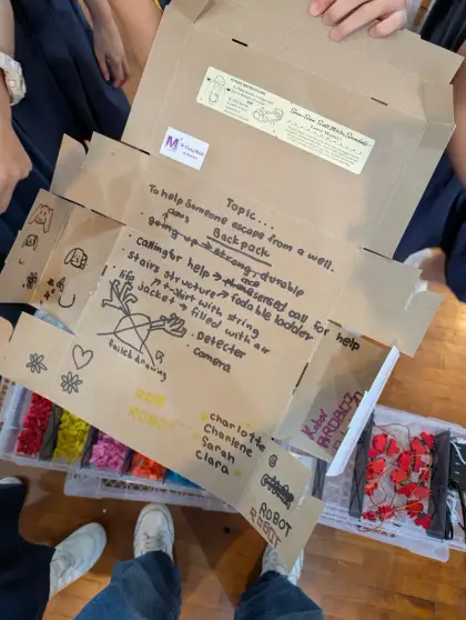 Handwritten design notes on cardboard