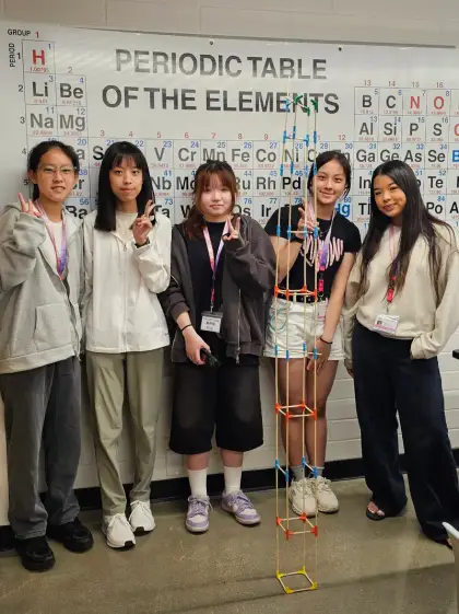 Teachers in a classroom, periodic table on the wall