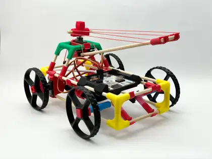 A red buggy with a green mast