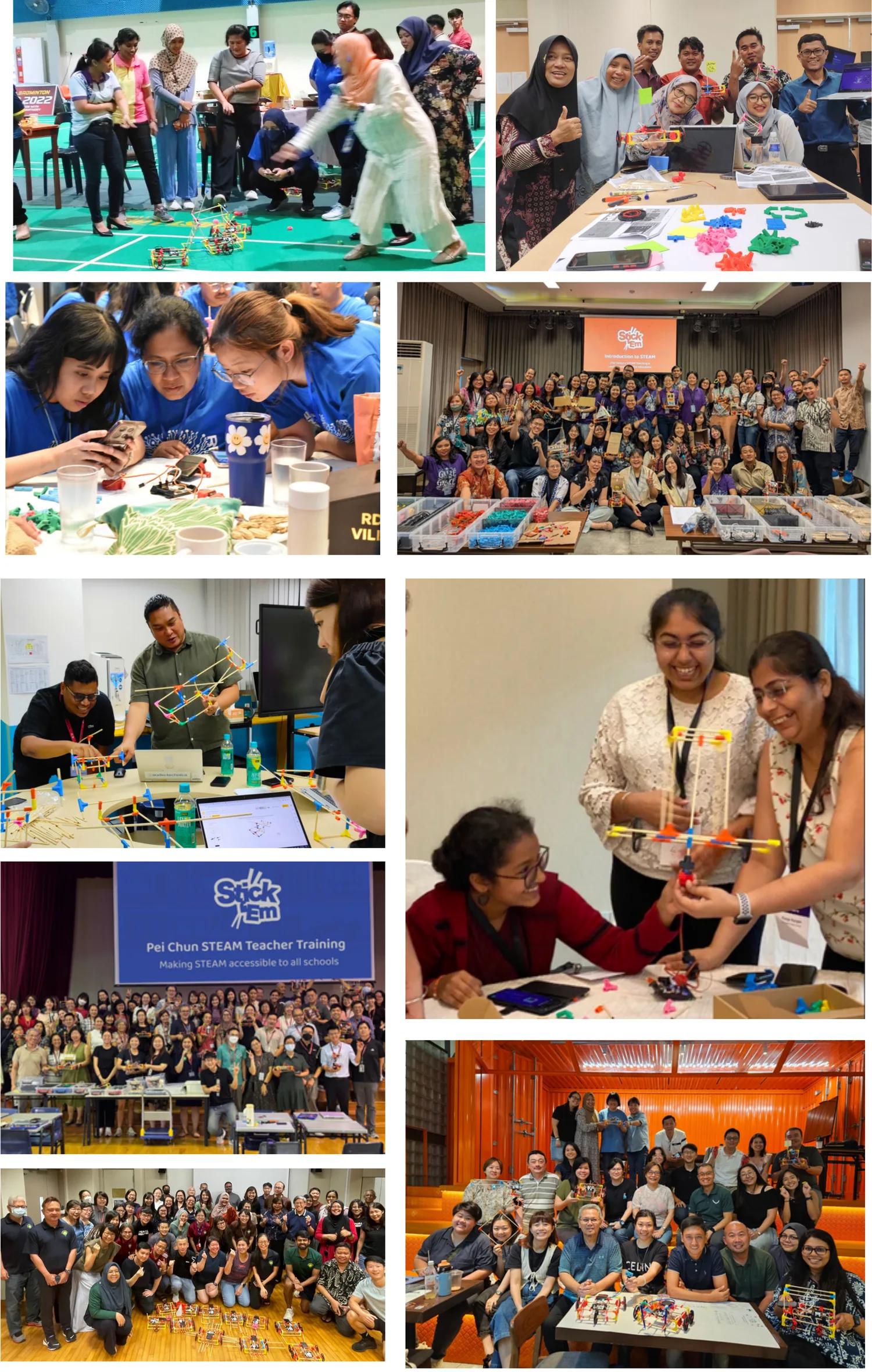 A wall of photographs from Stick ’Em teacher workshops: a school hall mid-activity, teachers building at their tables, and whole staff rooms posing with what they made